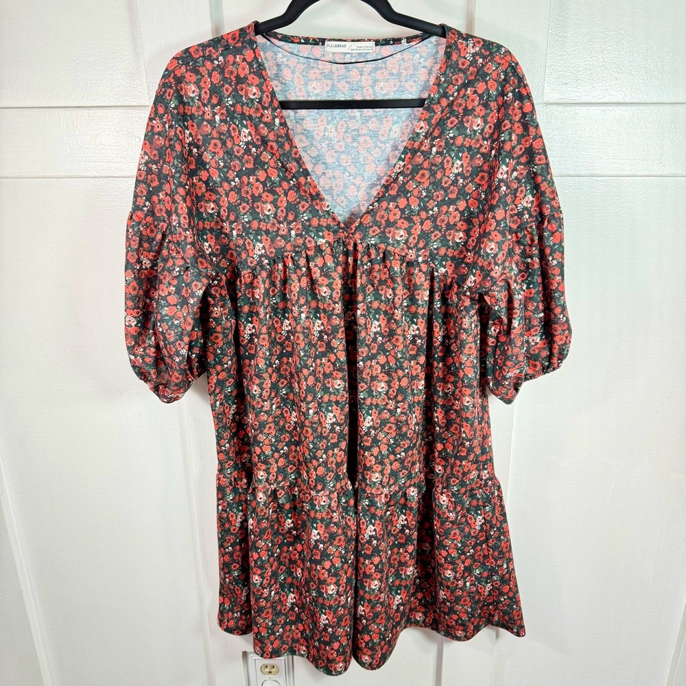 PULL&BEAR Floral Print V Neck Tiered Mini‎ Dress Short Sleeve Black Red XS